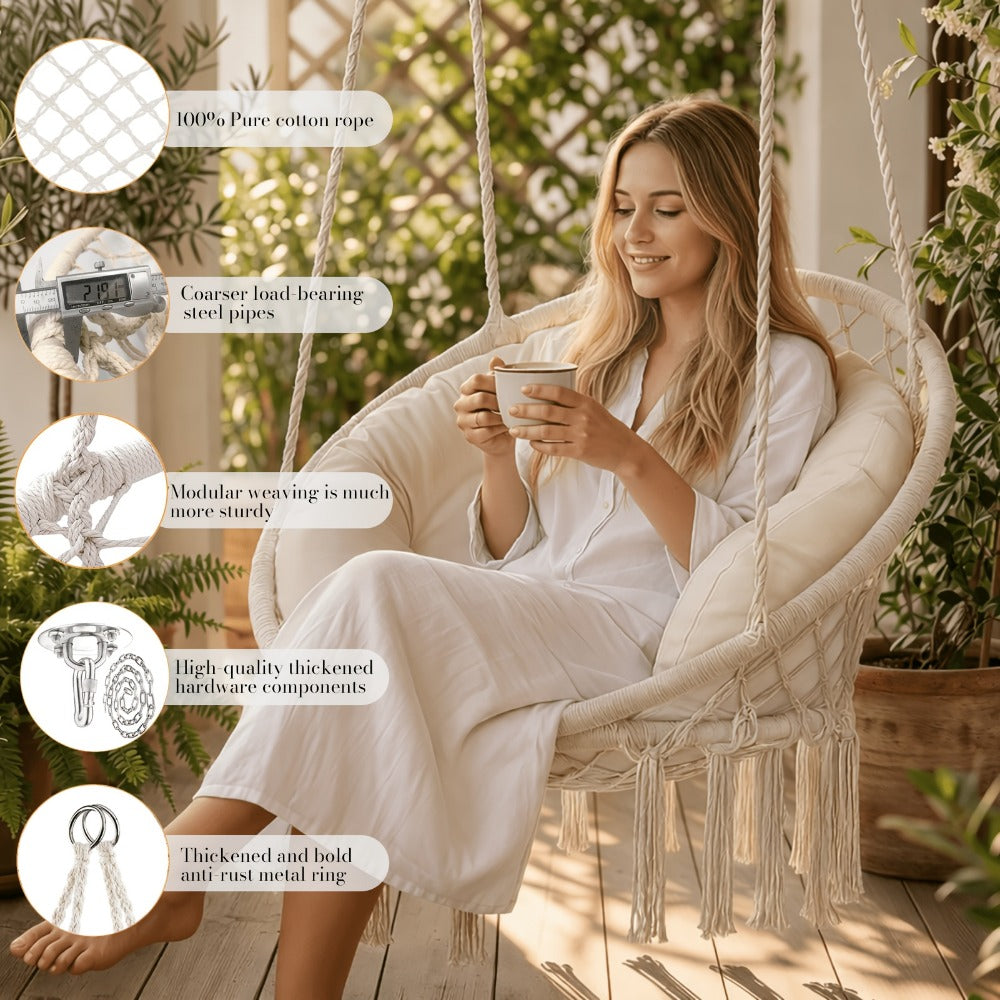 Hanging Chair with Macrame Weave and Mounting Kit for Living Room