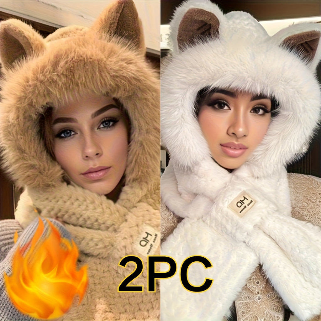2-Pack Hooded Scarf and Hat Set with Cartoon Ears in White and Khaki for Winter Outfit Styling