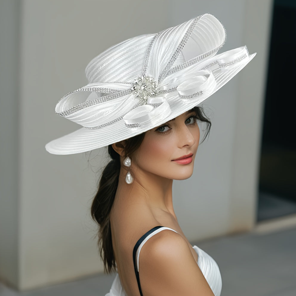 Hats - Wide Brim Ladies Church Hat - Rhinestone Decorated Elegant Women - product detail view 10
