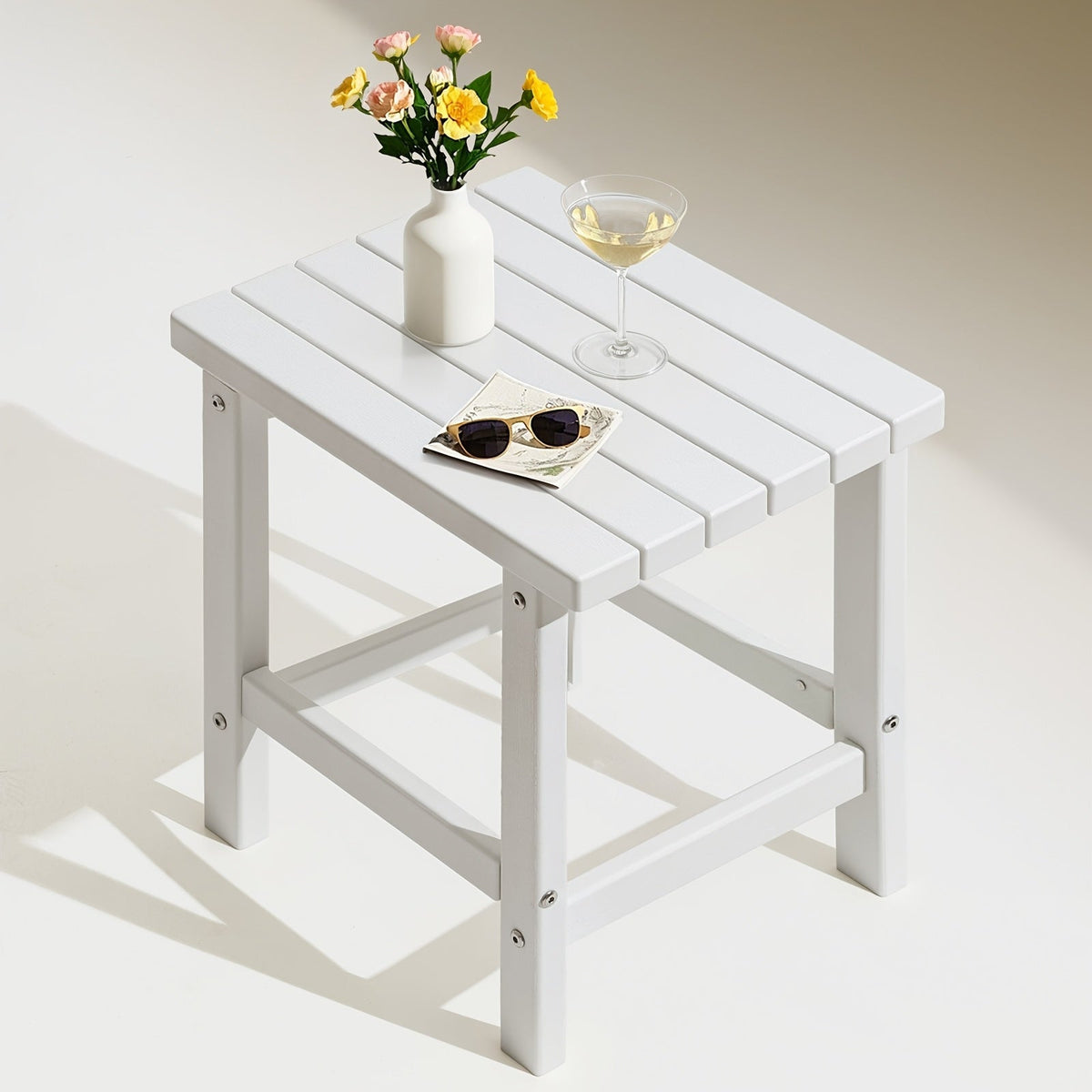 Outdoor Side Table Square HDPE Accent Design with Slatted Top, Lower Crossbars and Five Color Choices