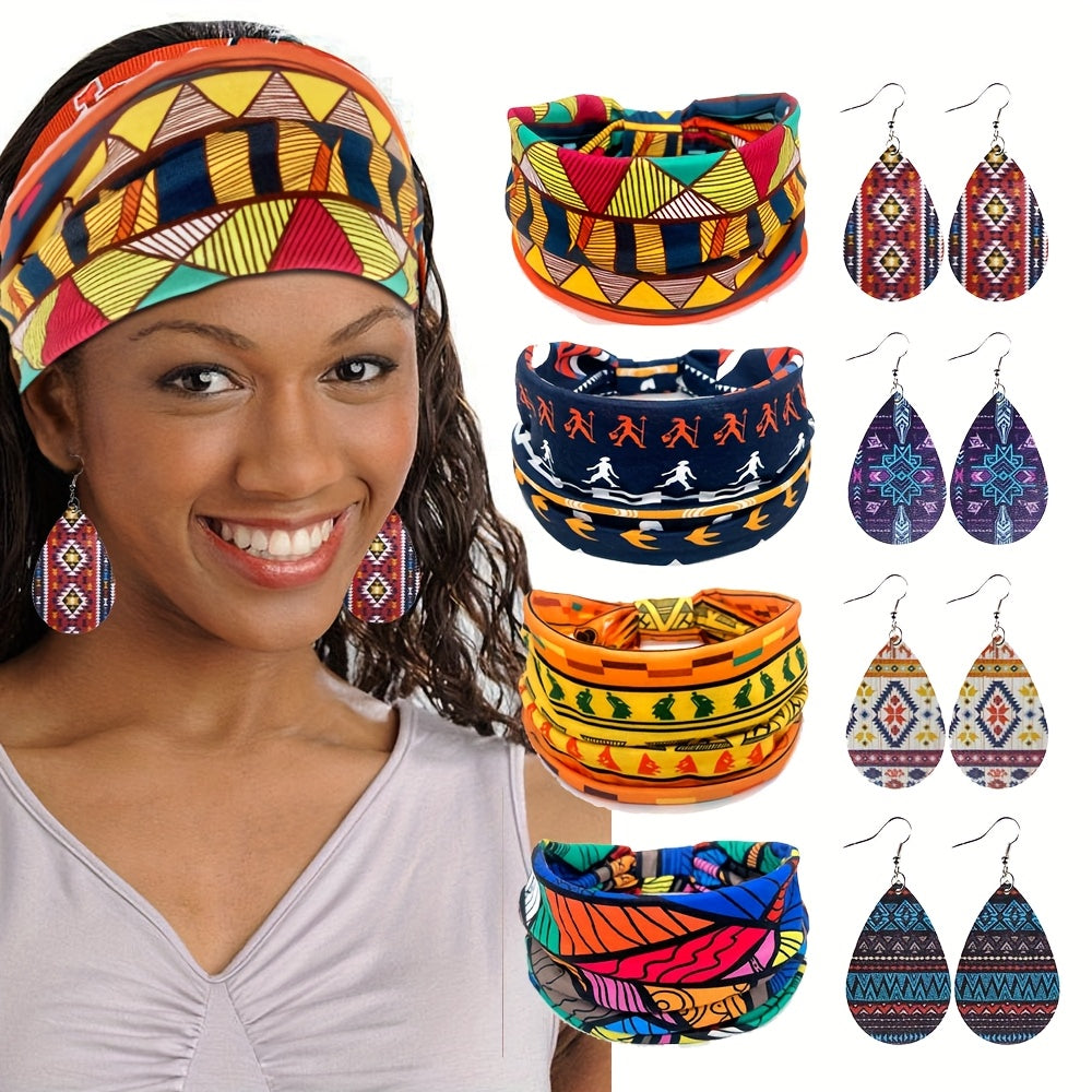 Headband for Women – African Headband Set 4 Pcs – Boho Wide Headscarf, Yoga Hair Bands, Earrings & Hair Nets |