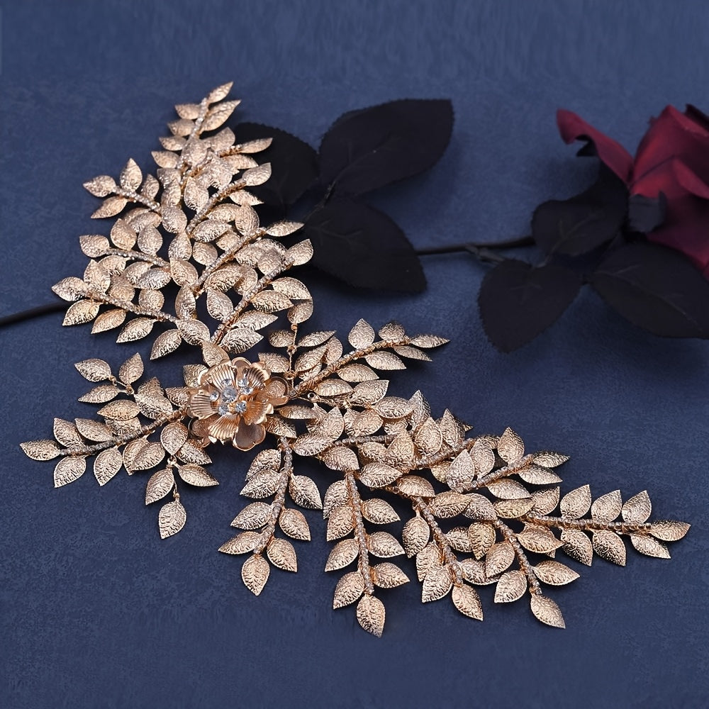 Hair Accessories Gold-Tone Leaf Bridal Head Chain with Center Forehead Drape and Crystal Details