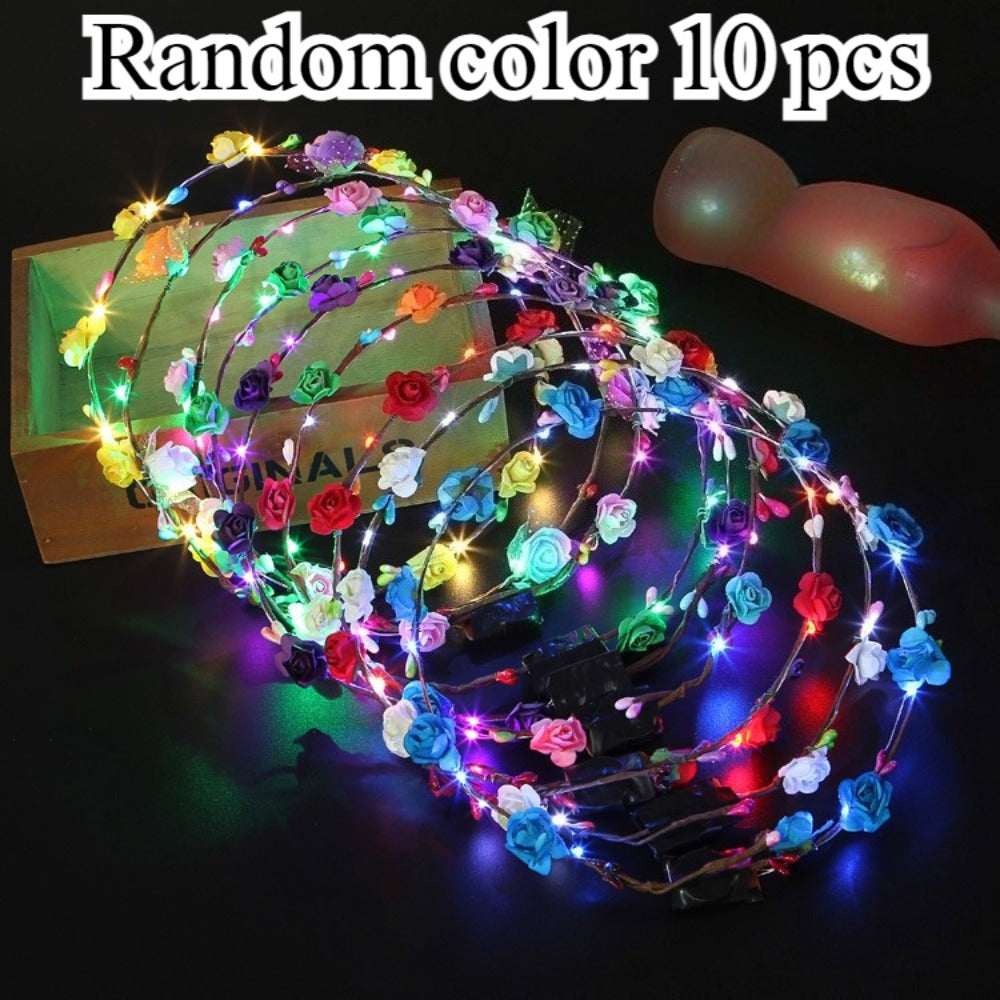 Hair Accessories LED Flower Crown Headbands in Random Multicolor Ten- or Twenty-Piece Party Packs