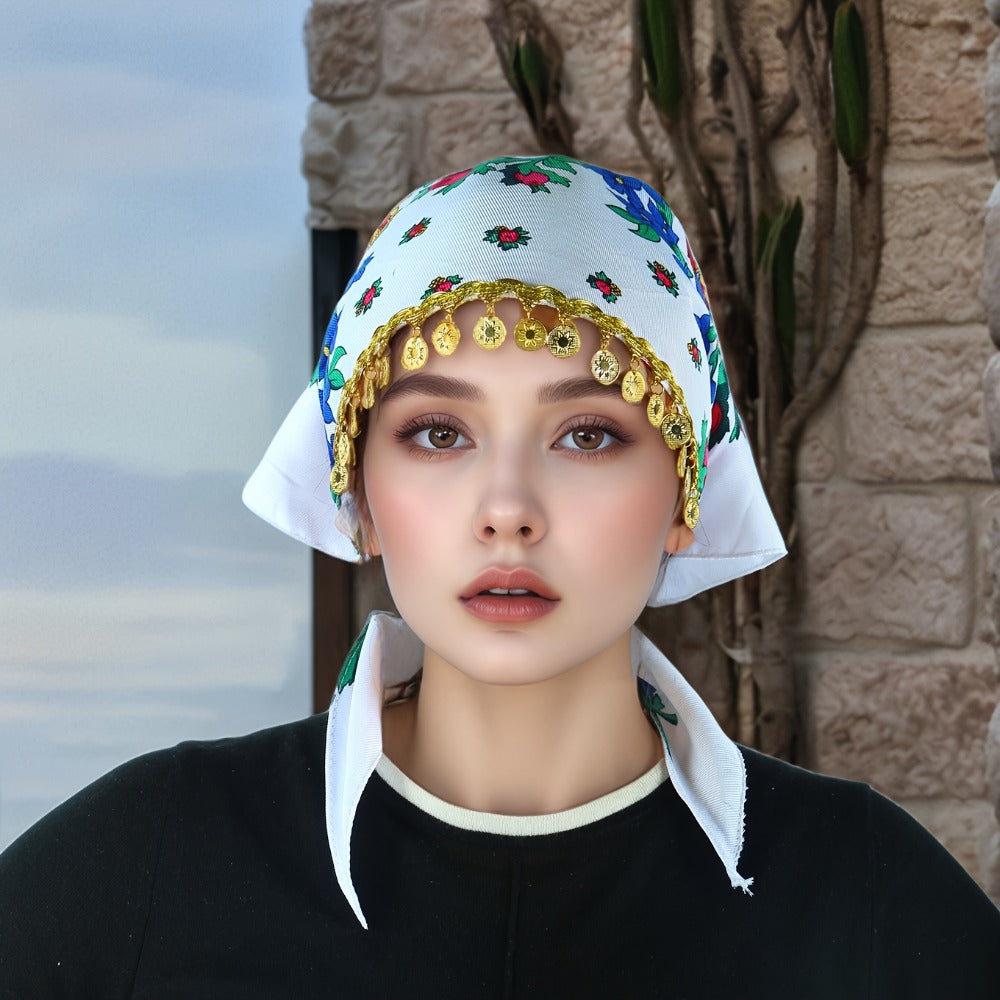 Headscarves & Bandanas - Peony Floral Headscarf with Golden Sequin Trim Lightweight Breathable - product detail view 3