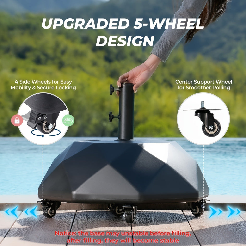 Patio Umbrella Base with Three Bound Structures: Multi-Sided Roller, 95lb Round and Square Checkout Options