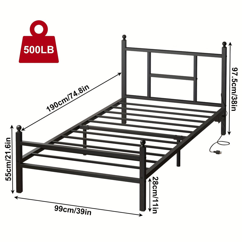 Bed Frame Twin Metal Platform with Integrated LED Lighting, Charging Station and Black or White Finish