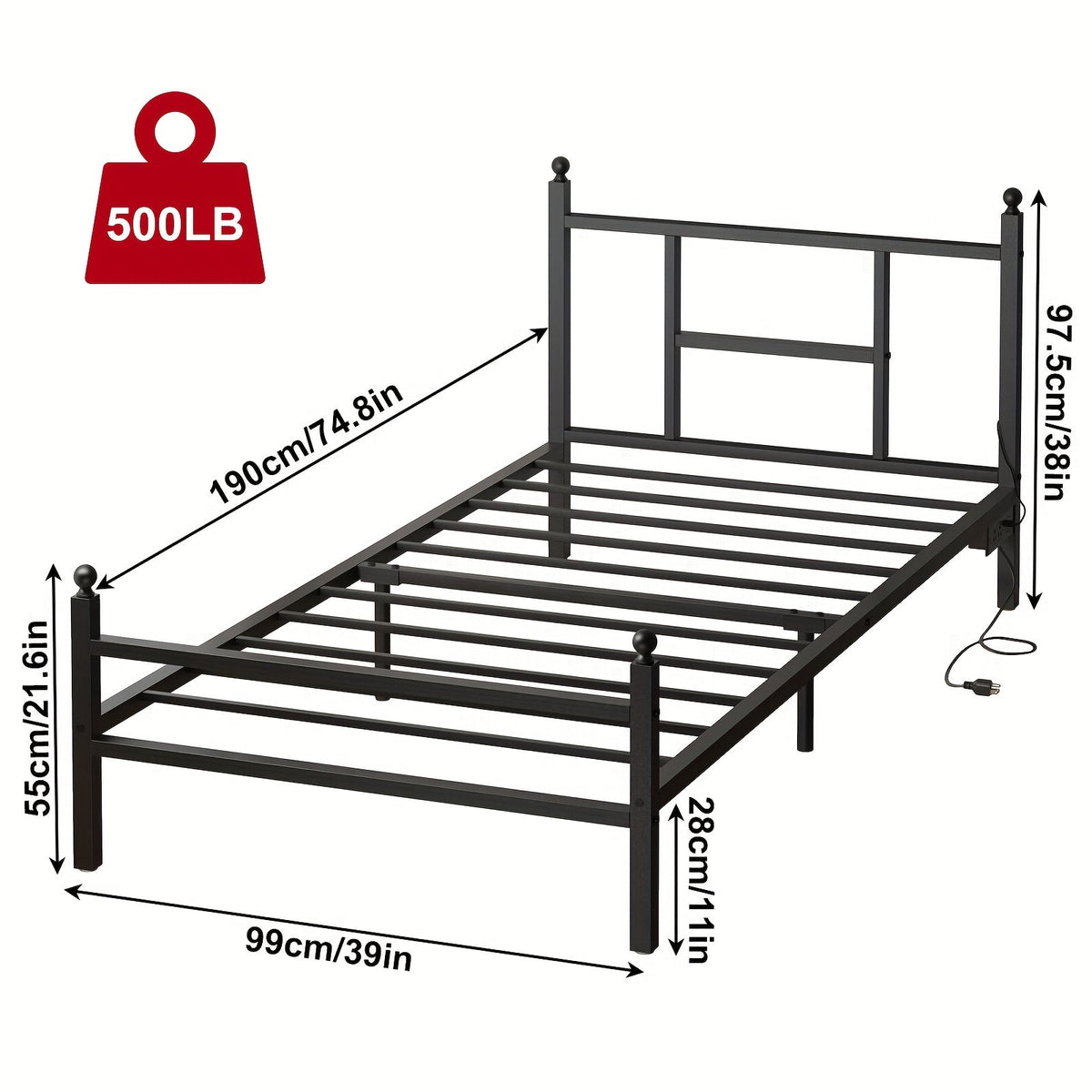 Bed Frame Twin Metal Platform with Integrated LED Lighting, Charging Station and Black or White Finish