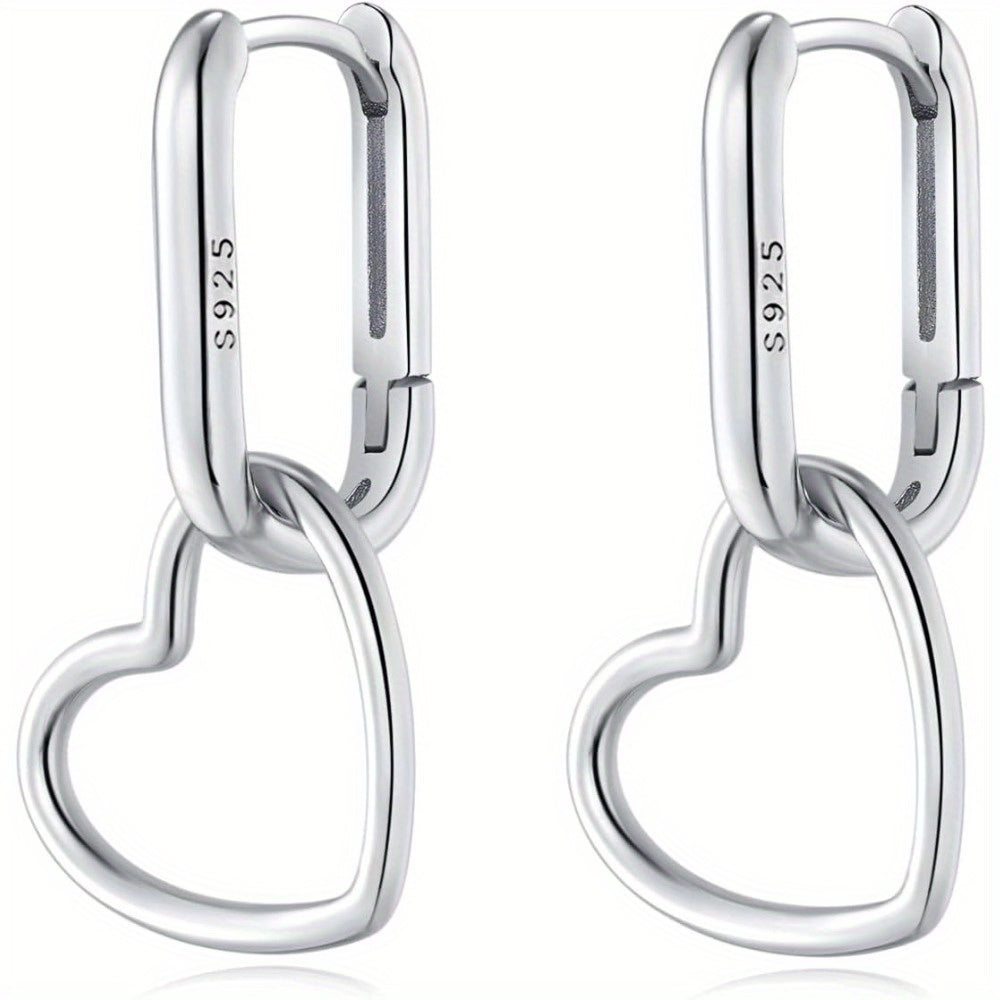 Hoop Earrings Rectangular Link Pair with Open Heart Drops, S925 Marking, 24.5mm Length and Silver-Tone Finish