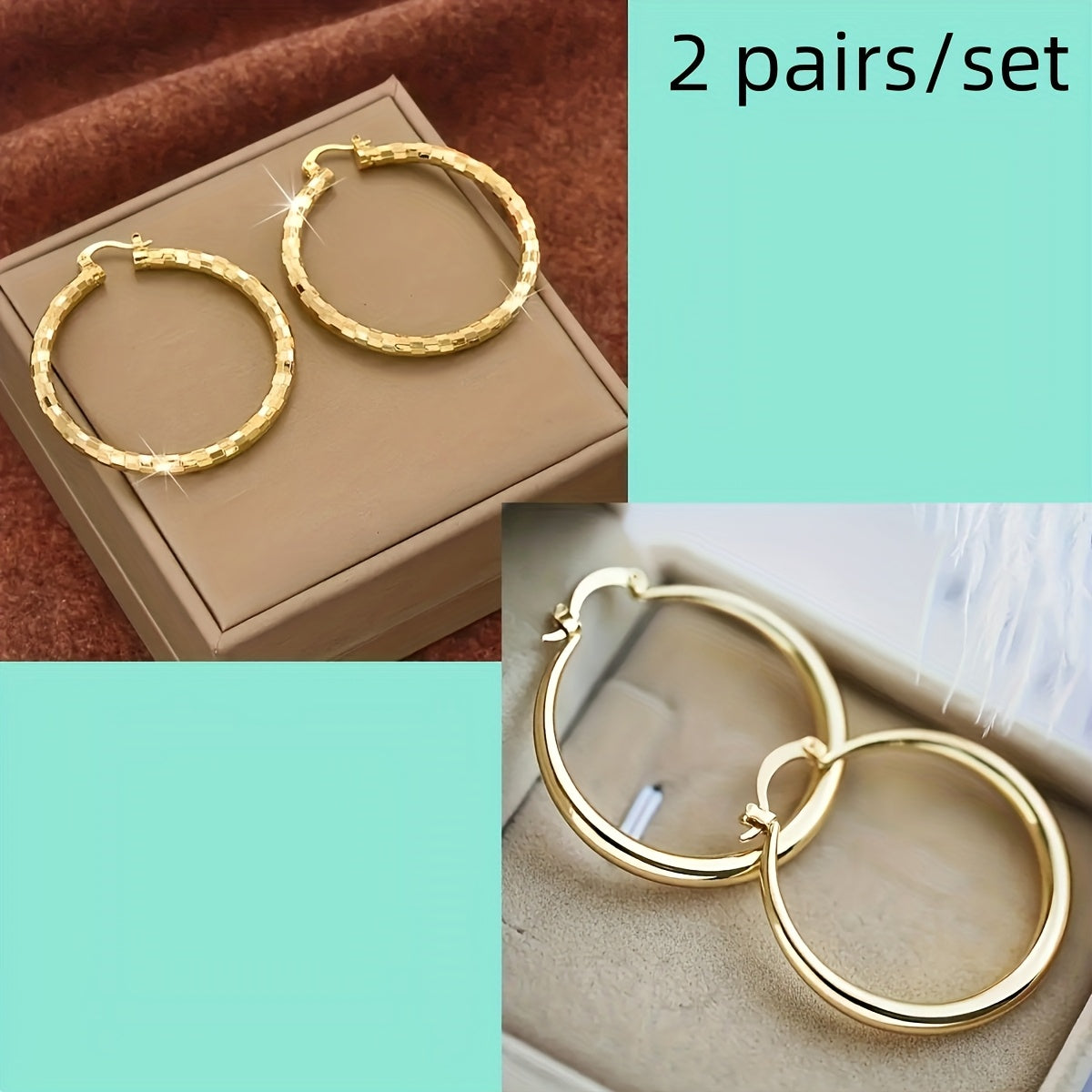 Hoop Earrings Two-Pair Gold-Tone Set with One Smooth and One Twisted Large Round Design for Mix-and-Match Styling