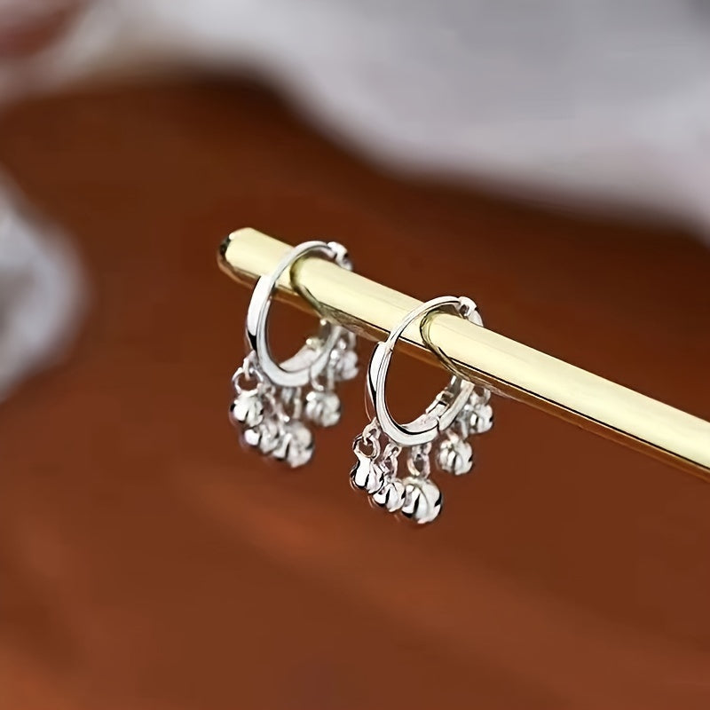 Hoop Earrings Mini Huggie Pair with Bead-Like Stone Drops, 2cm Diameter and Silver-Tone Finish