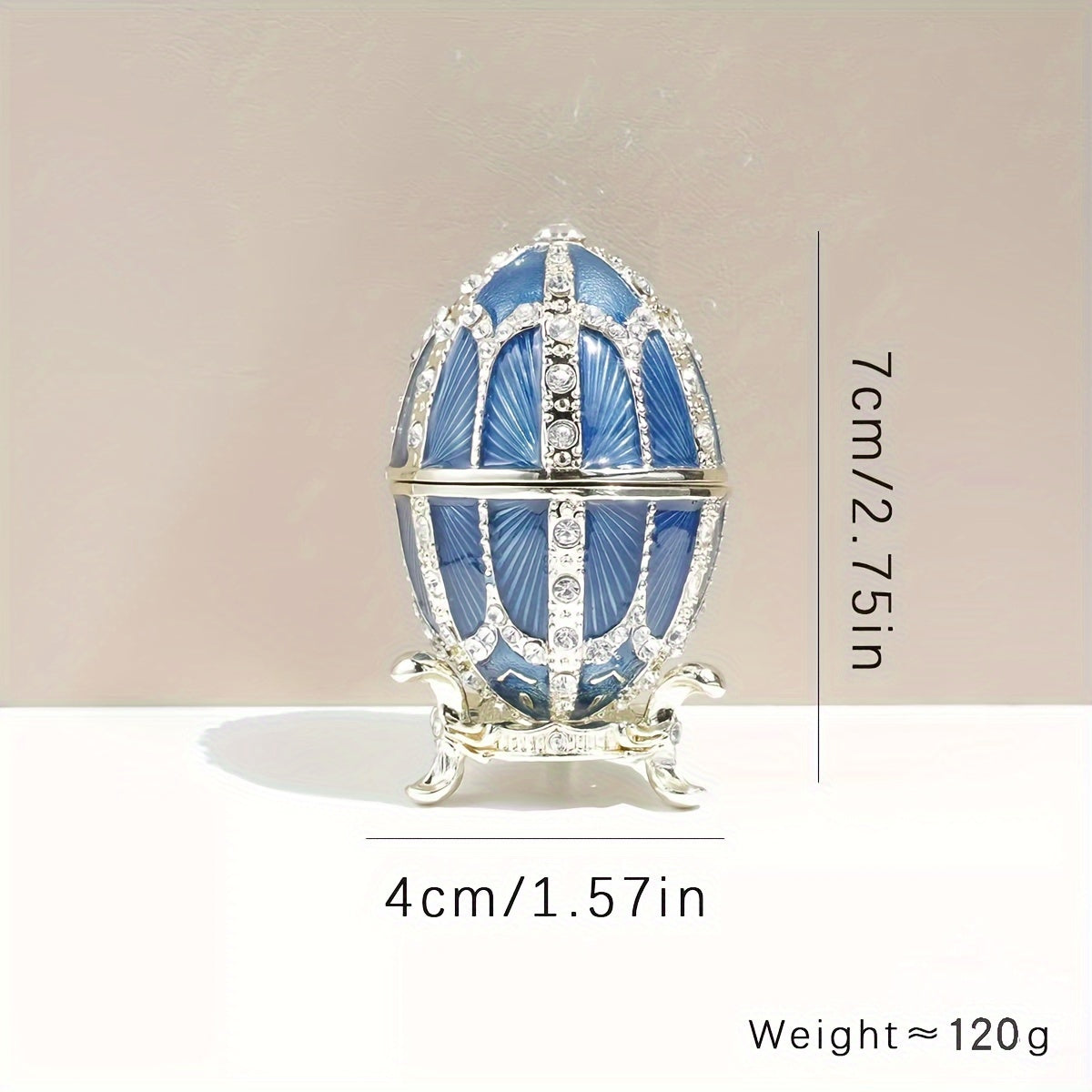 Jewelry Box Faberge-Style Dark Blue Egg-Shaped Enamel Metal Trinket Case with Magnetic Closure and Display Stand