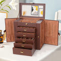 Jewelry Box, Brown PU-Leather Six-Tier Five-Drawer Organizer with Mirror and Velvet-Lined Compartments