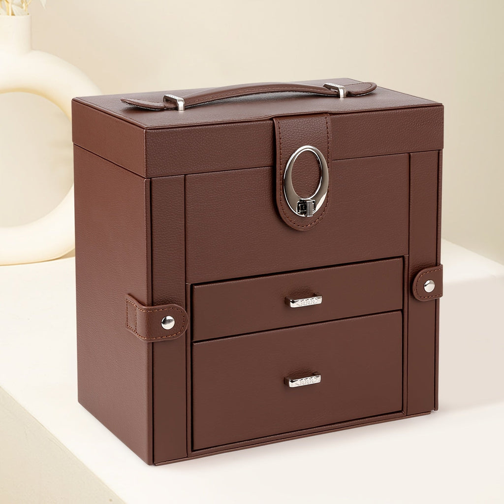 Jewelry Box, Brown Faux-Leather Three-Layer Two-Drawer Travel Case with Built-In Mirror and Compartments