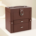 Jewelry Box, Brown Faux-Leather Three-Layer Two-Drawer Travel Case with Built-In Mirror and Compartments