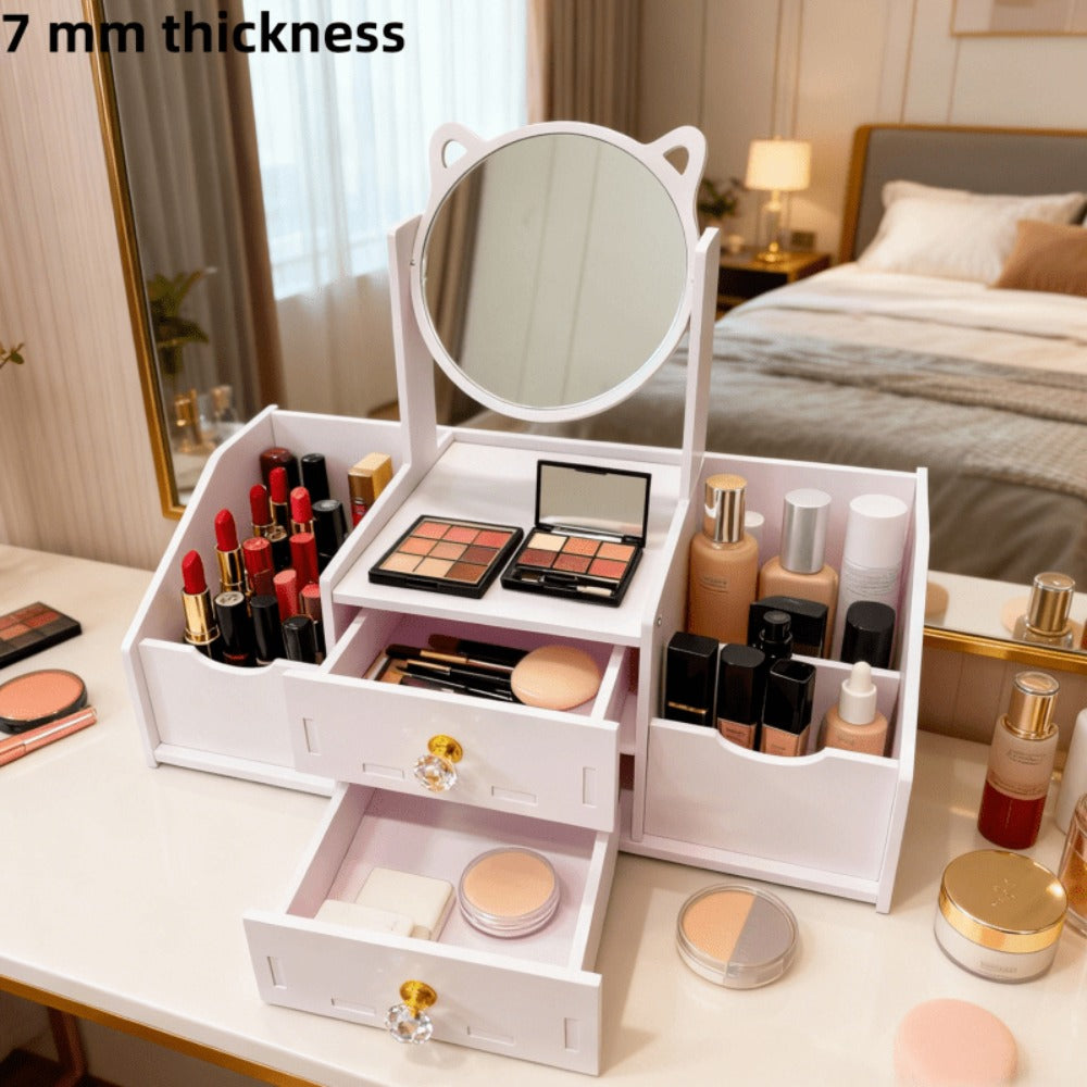 Jewelry Box - with Mirror Cat Ear Design Small Makeup Storage Organizer with Drawers - product detail view 3