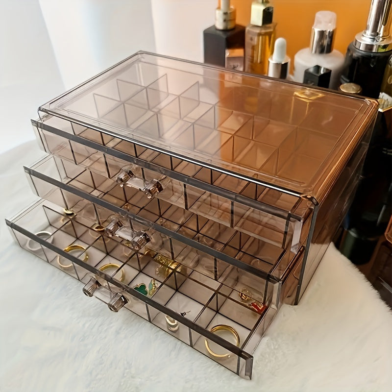 Jewelry Box, Three-Layer 72-Grid Plastic Organizer with Buckle Closure in Tawny or Transparent