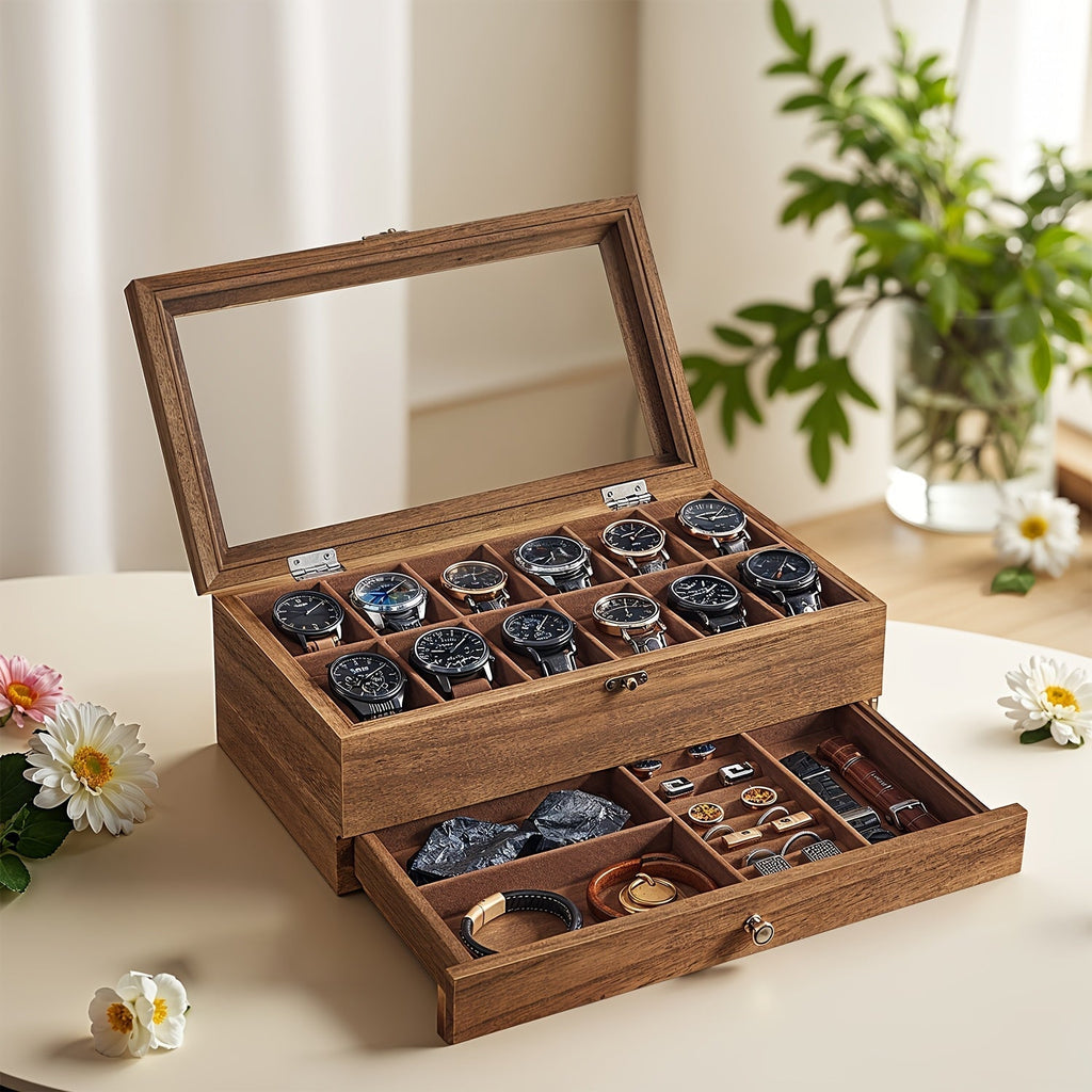 Two-Tier 12-Slot Watch Box with Glass Display Lid, Pull-Out Drawer and Walnut or Black Finish