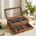Two-Tier 12-Slot Watch Box with Glass Display Lid, Pull-Out Drawer and Walnut or Black Finish
