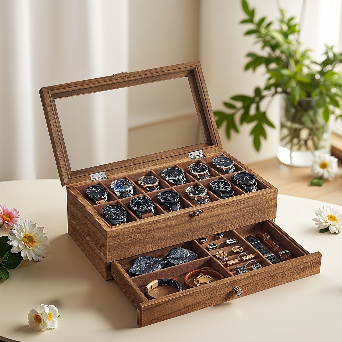 Two-Tier 12-Slot Watch Box with Glass Display Lid, Pull-Out Drawer and Walnut or Black Finish