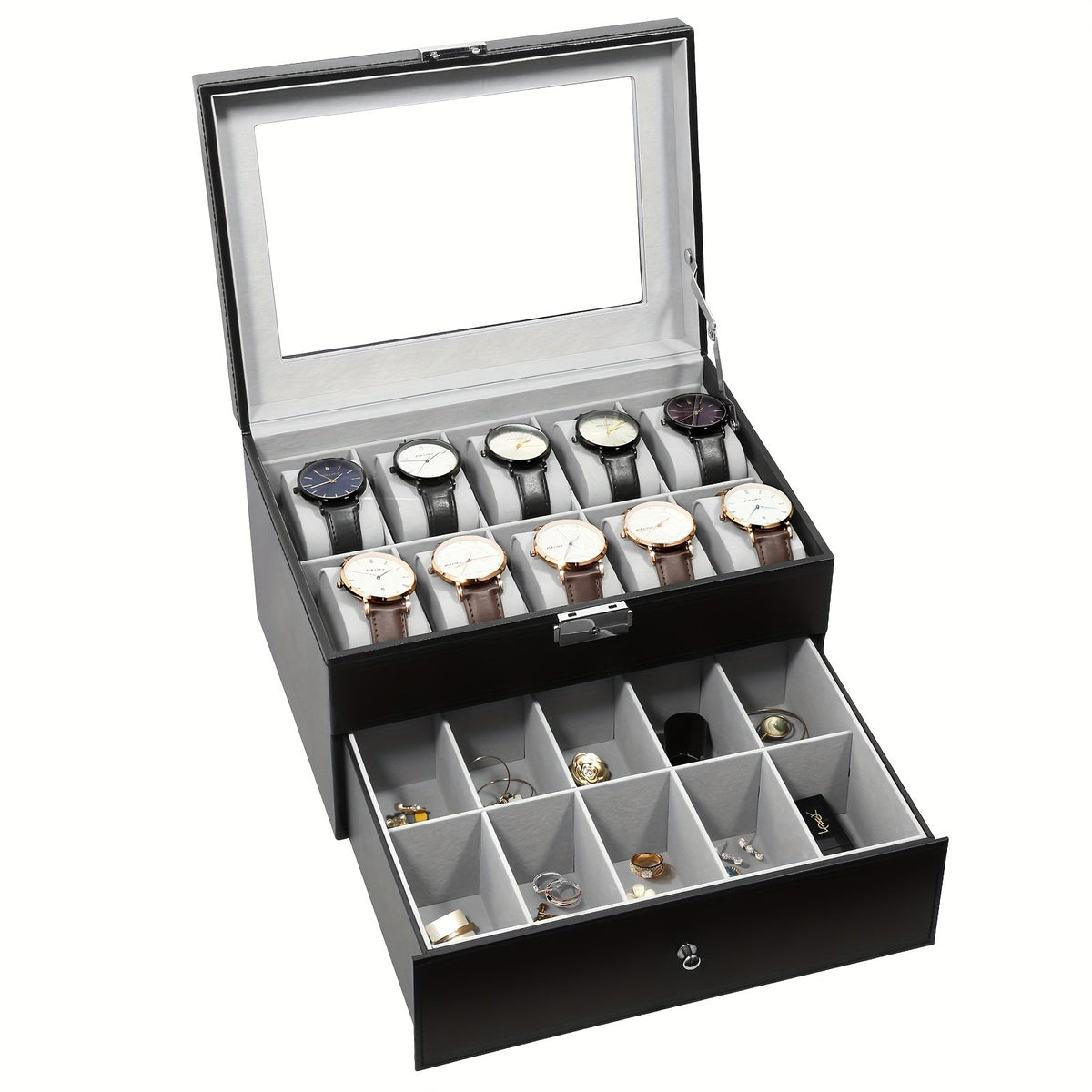 Double-Layer 20-Slot Watch Box with Glass Display Lid and Black, Black-Gray or Brown Options