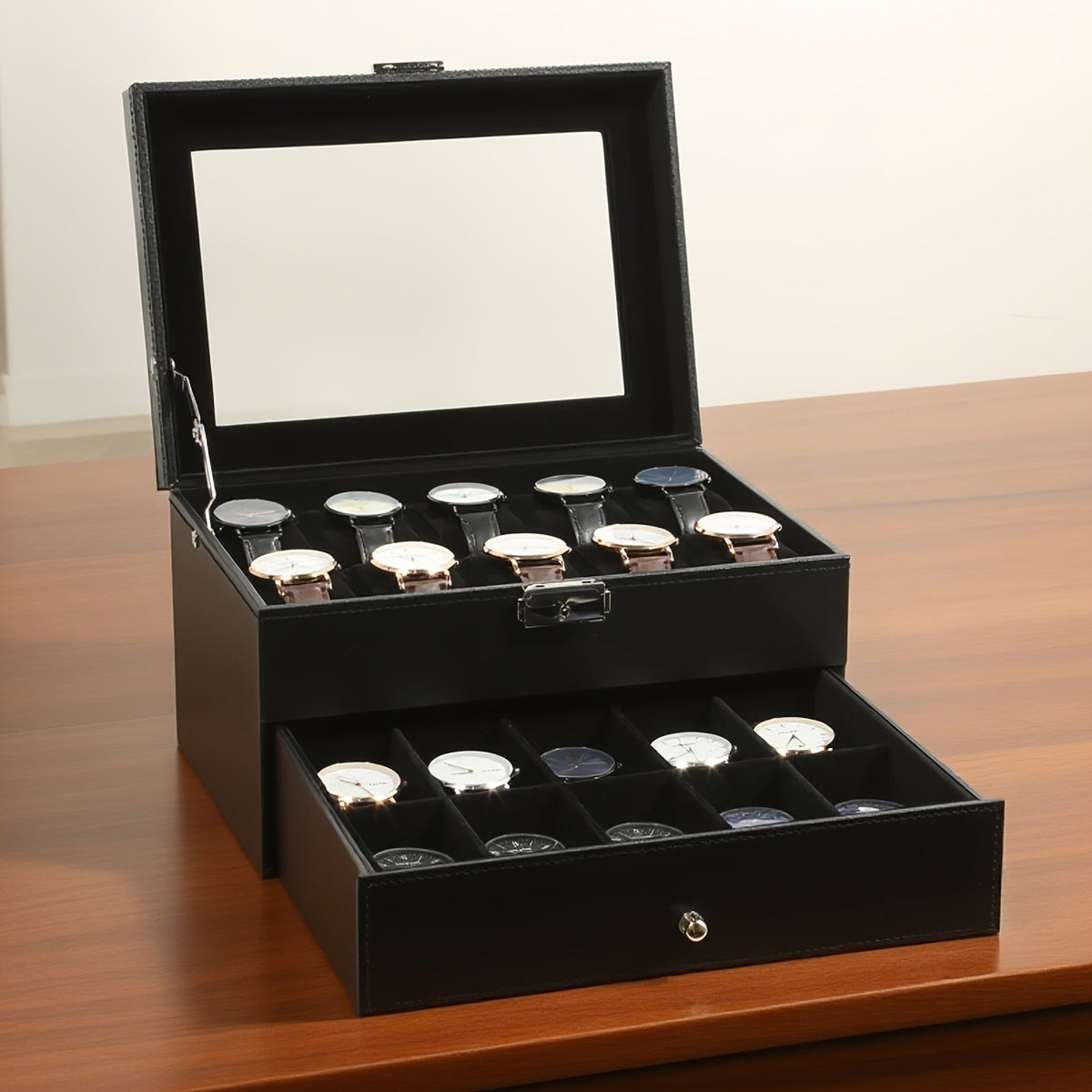 Double-Layer 20-Slot Watch Box with Glass Display Lid and Black, Black-Gray or Brown Options