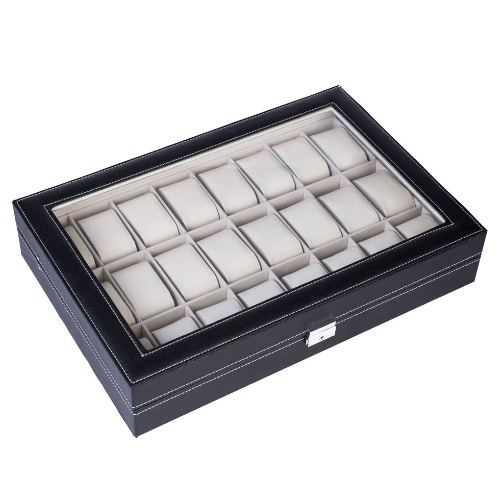 Black 24-Slot Watch Storage Case with Glass Display Lid and 43 × 29 × 8.5 cm Pictured Exterior