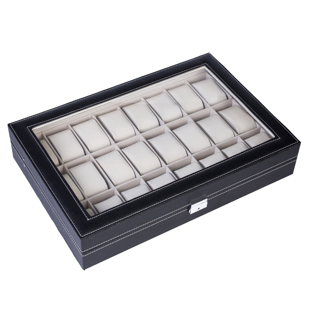 Black 24-Slot Watch Storage Case with Glass Display Lid and 43 × 29 × 8.5 cm Pictured Exterior