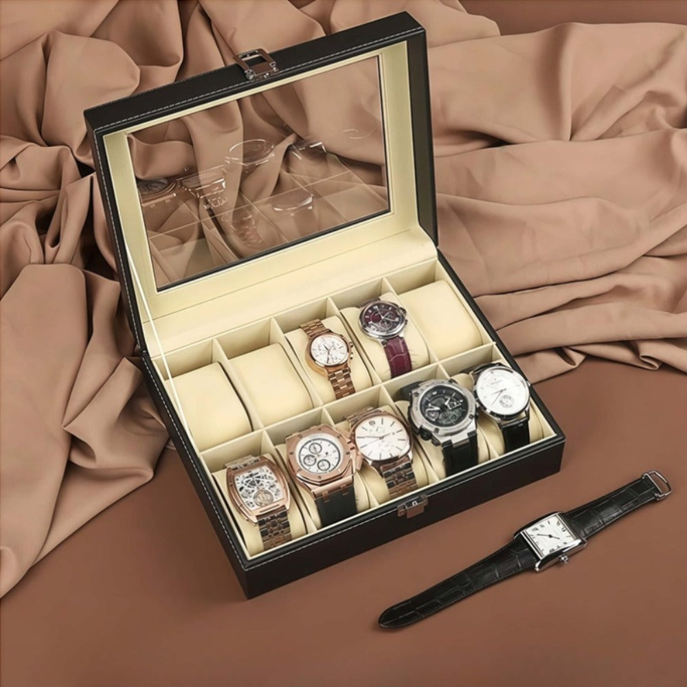Jewelry Box - Watch with Drawer Glass Lid 2-Layer Watch Organizer 10 / 12 Slot Display - product detail view 5