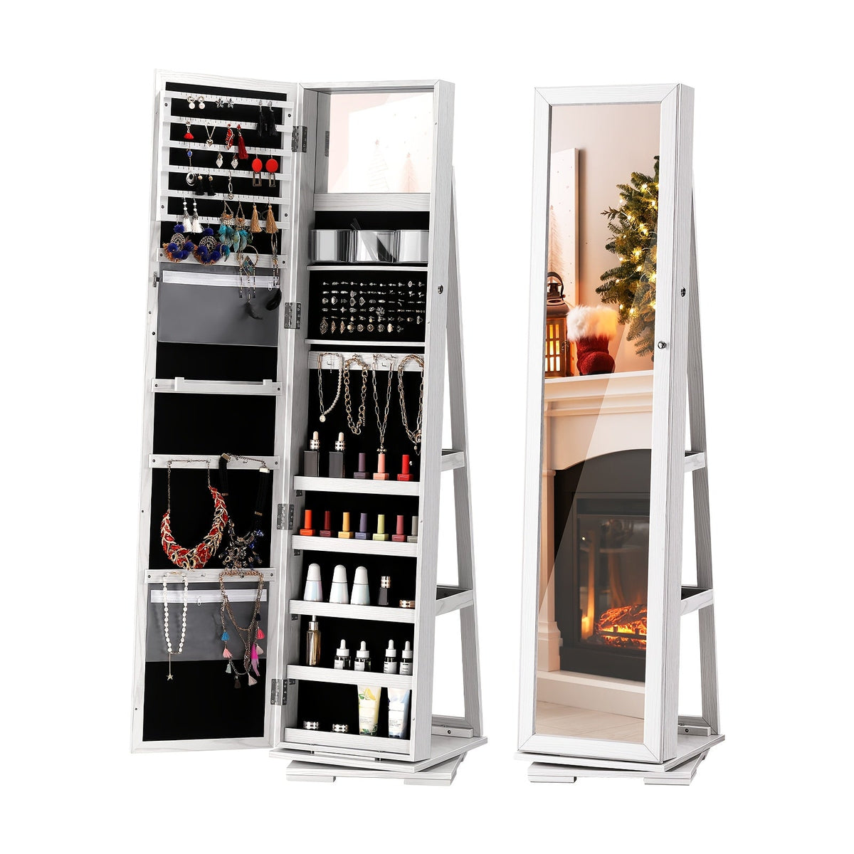 Jewelry Cabinet – 360° Rotating with Full Length Mirror – Large Standing Jewelry Armoire, Velvet Interior
