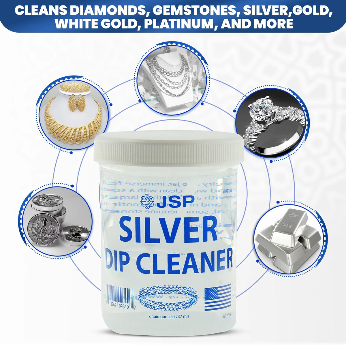 Jewelry Cleaner – Sterling Silver Dip Cleaner 8 fl oz – 925 & 999 Silver Tarnish Remover, Non-Abrasive Jewelry