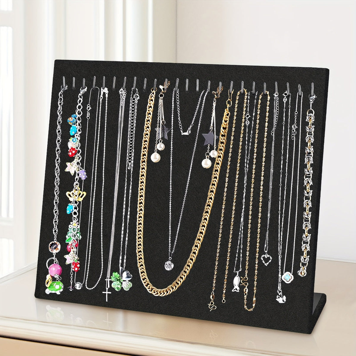 Jewelry Organizer 24-Hook Velvet L-Shaped Necklace Display Stand in Black for Vanity or Countertop Use