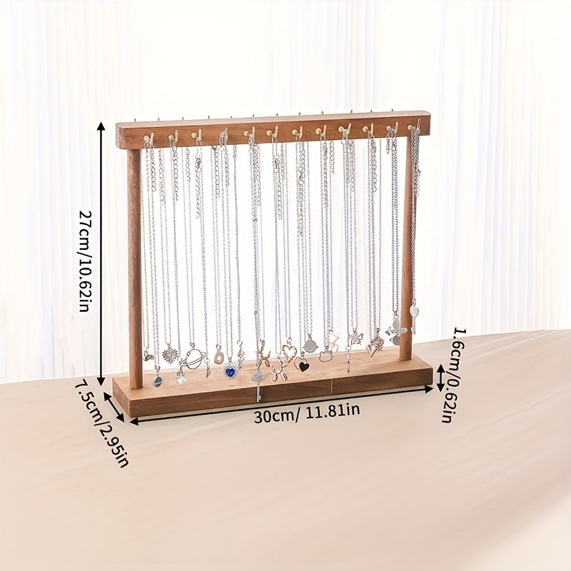 Wood Jewelry Display Rack with Horizontal Necklace Bar, Tabletop Base and 24- or 36-Hook Options