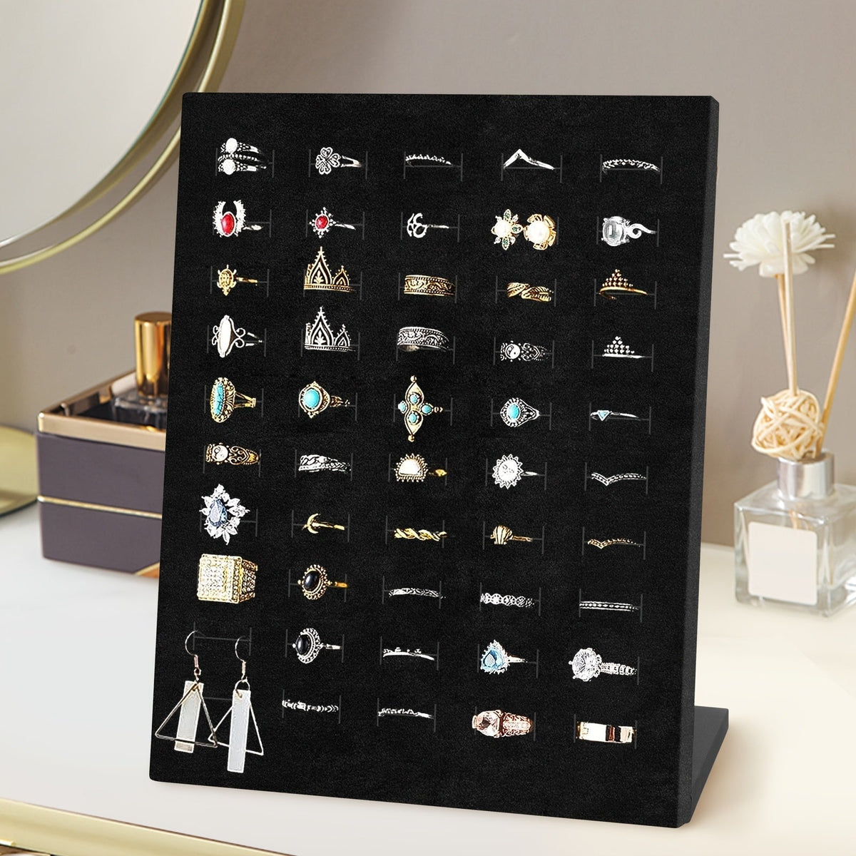 50-Slot Jewelry Display Stand with Black Sloped Panel, Velvet-Sponge Surface and Integrated Rear Support