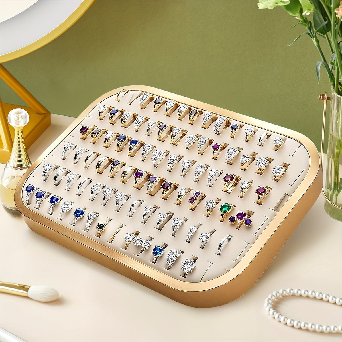 92-Slot Jewelry Display Tray with Gold-Tone Metal-Labeled Frame, Padded Insert and Rounded Corners