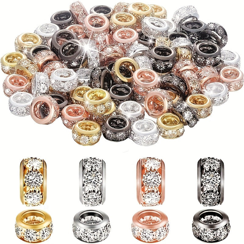 10mm Large-Hole Spacer Beads, 40-Piece Mixed Gold, Silver, Rose and Dark-Tone Rhinestone-Look Assortment