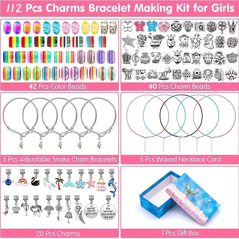 Blue and Pink Bracelet Making Kit with 112 Beads, Charms, Bases, Cords and Gift Box for Craft Projects