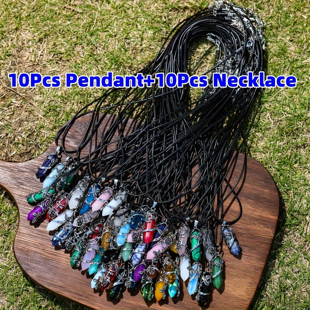 20-Piece Natural Stone Hexagon Prism Pendant Necklace Kit with Ten Wrapped Pendants and Ten Cords