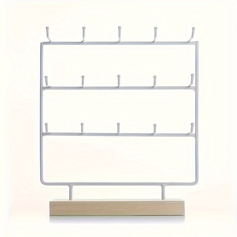 Jewelry Organizer 15-Hook Iron Earring Display Rack in White for Wall or Tabletop Presentation