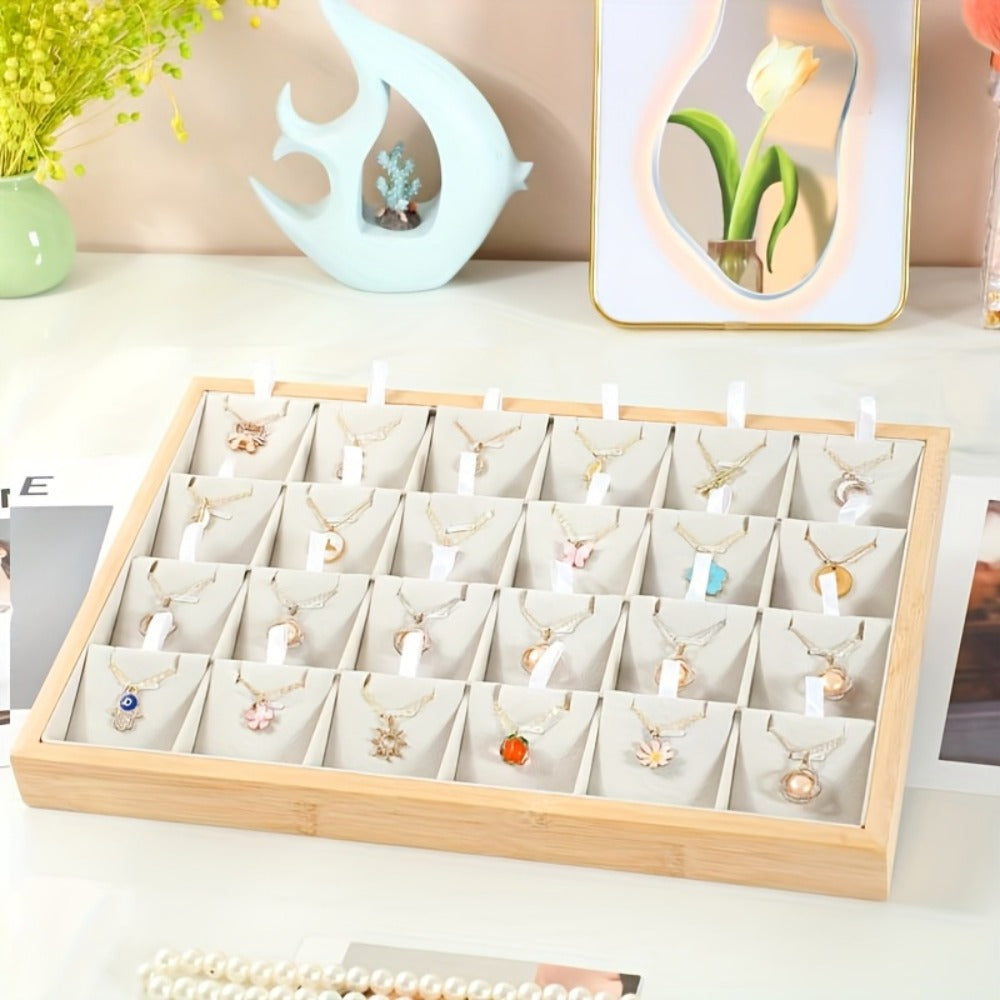 Jewelry Organizer - Tray Bamboo Wood 24 Grid Large Capacity Necklace & Pendant Display Rack - product detail view 3
