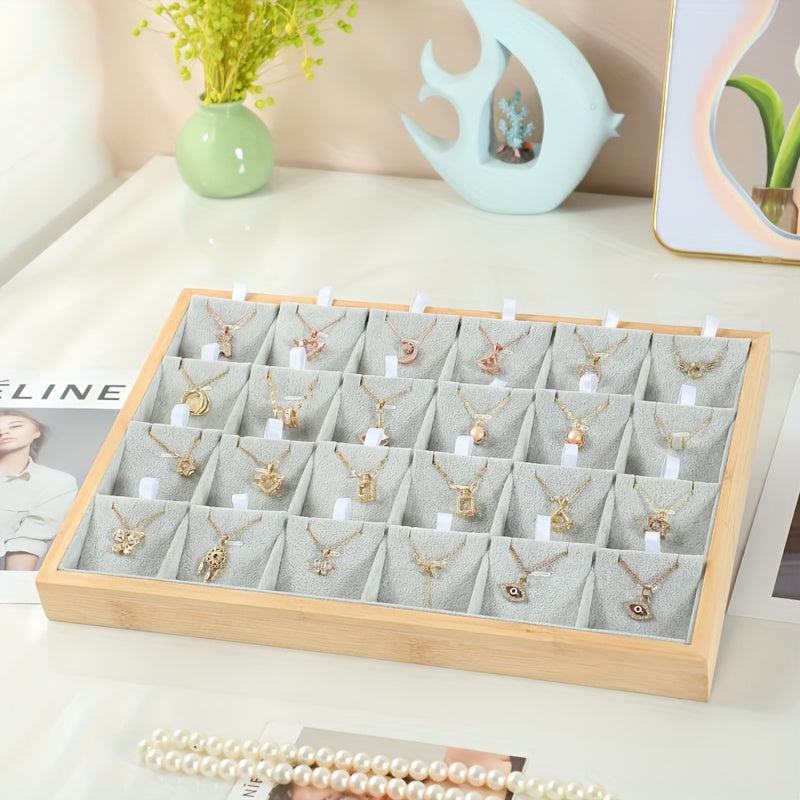 Jewelry Organizer 24-Grid Bamboo Wood Display Tray in Four Colors for Pendants, Necklaces and Earrings
