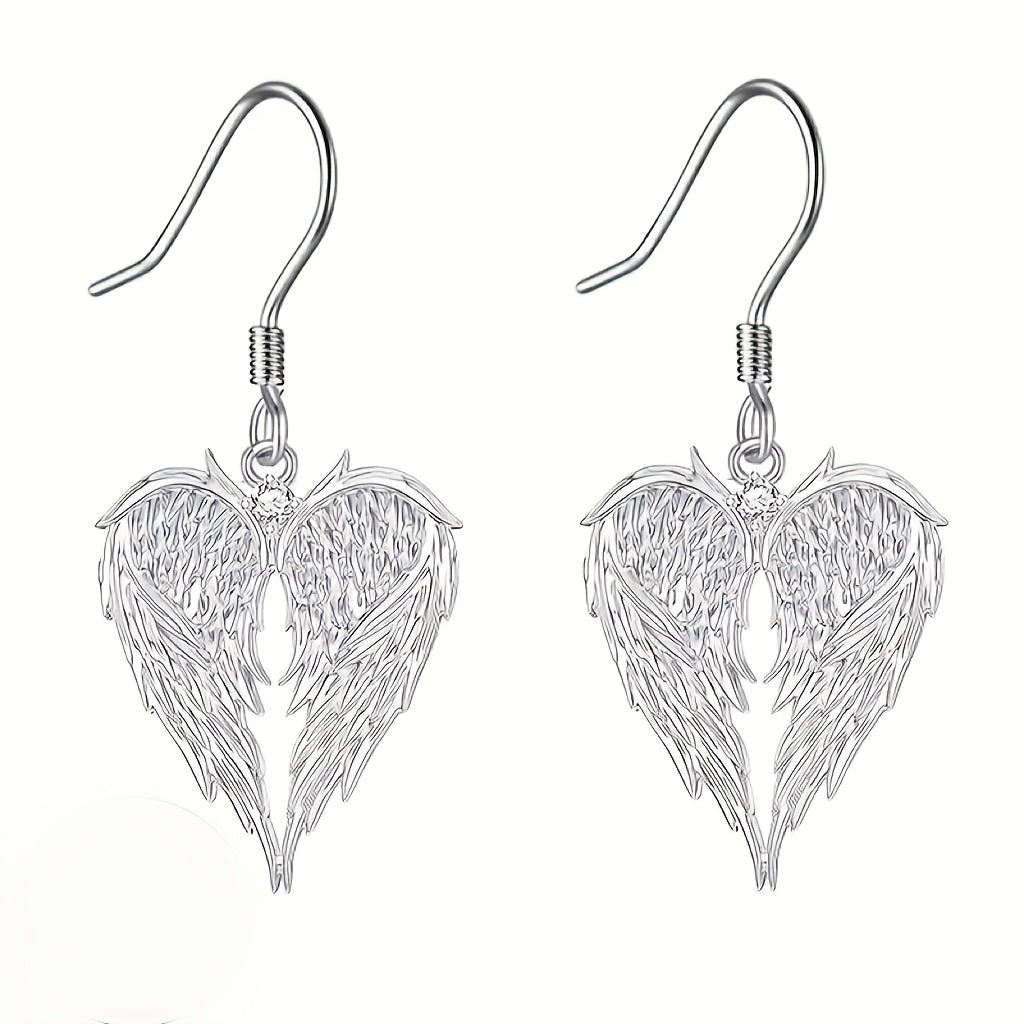 Angel Wing and Heart Jewelry Set with Necklace and Earrings in Vintage Silver-Tone Bohemian Styling