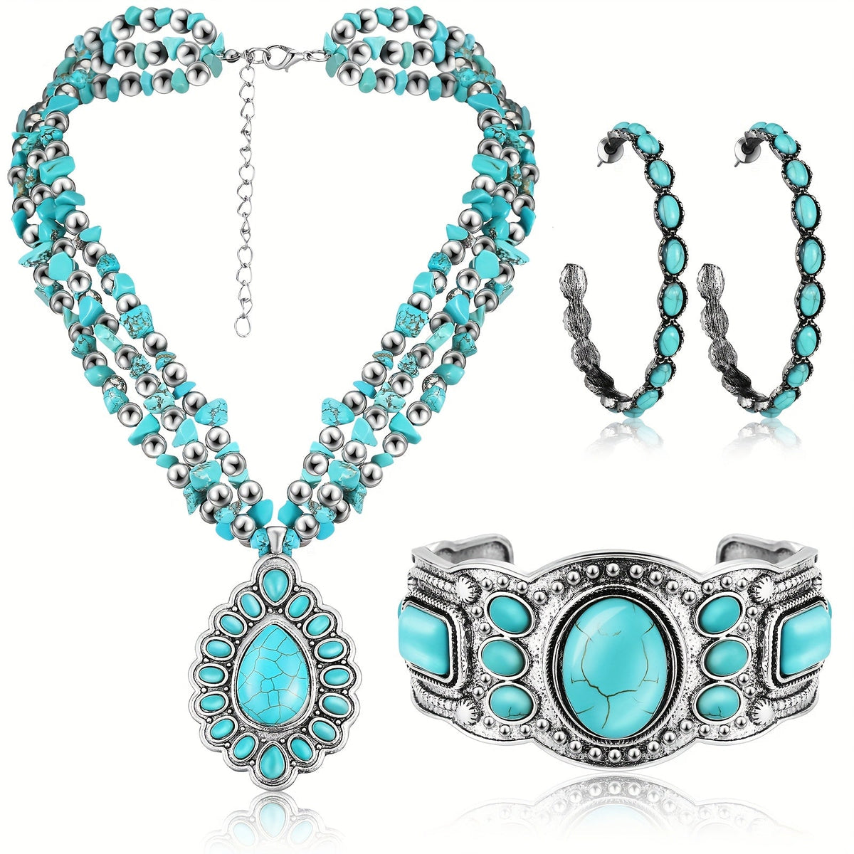 Jewelry Set 3-Piece Turquoise-Color Teardrop Necklace, Cuff Bracelet and Hoop Earrings with Silver-Tone Finish