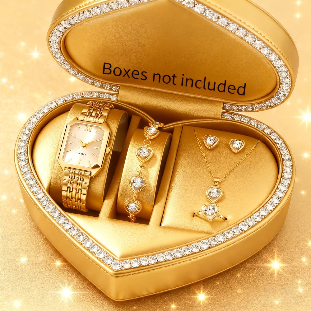Jewelry Set with Watch - Women 6pcs Elegant Minimalist Quartz Square Dial Ladies with Heart Pendant - product detail view 15