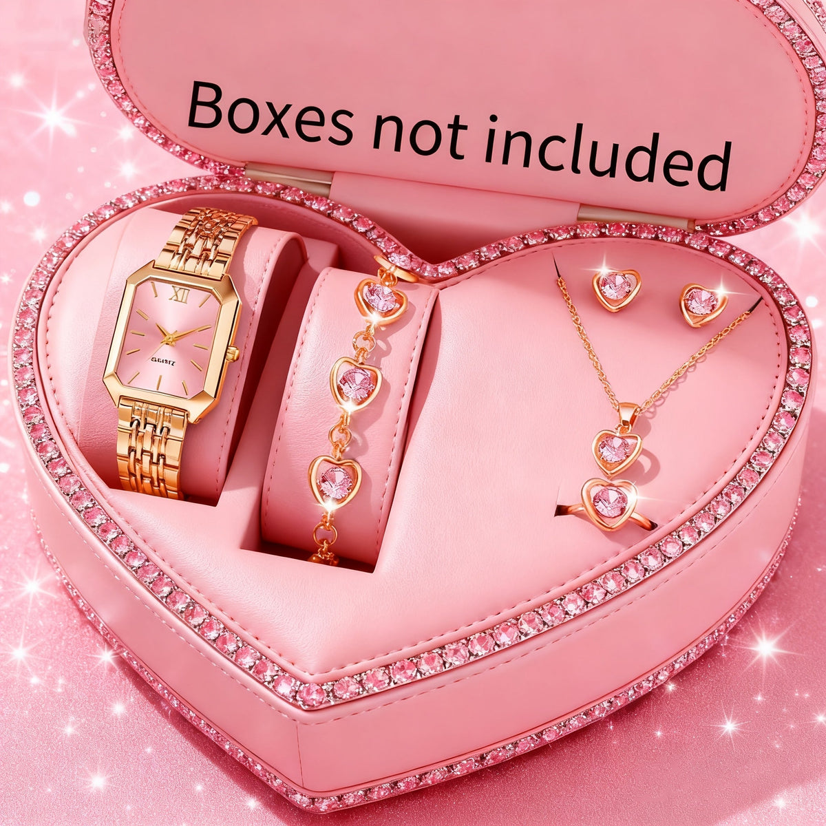 Jewelry Set with Watch - Women 6pcs Elegant Minimalist Quartz Square Dial Ladies with Heart Pendant - product detail view 59