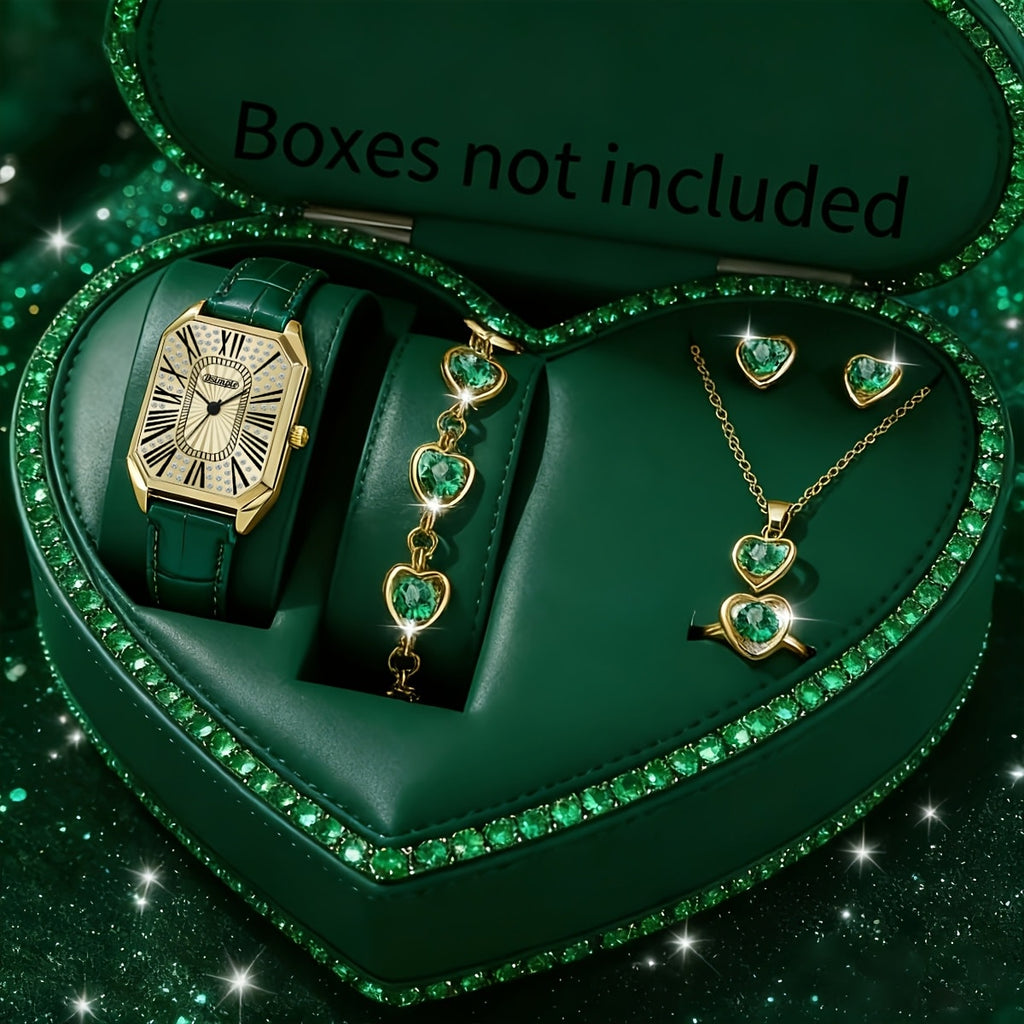 Six-Piece Rectangular Quartz Watch and Heart-Motif Jewelry Set in Seven Dial and Finish Color Options