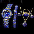 6-Piece Blue Rhinestone Quartz Watch and Jewelry Set with Matching Accessories for Coordinated Styling