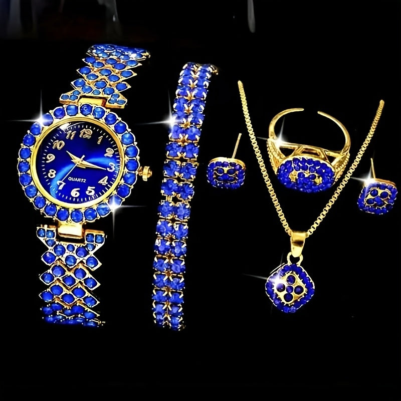 6-Piece Blue Rhinestone Quartz Watch and Jewelry Set with Matching Accessories for Coordinated Styling