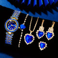 5-Piece Women's Quartz Watch and Jewelry Set in Blue with Heart Details for Coordinated Occasion Styling