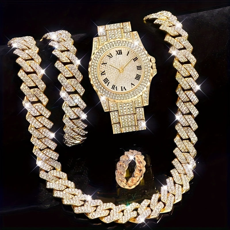 4-Piece Men's Quartz Watch and Jewelry Set with Bracelet in Gold- or Silver-Tone Color Options