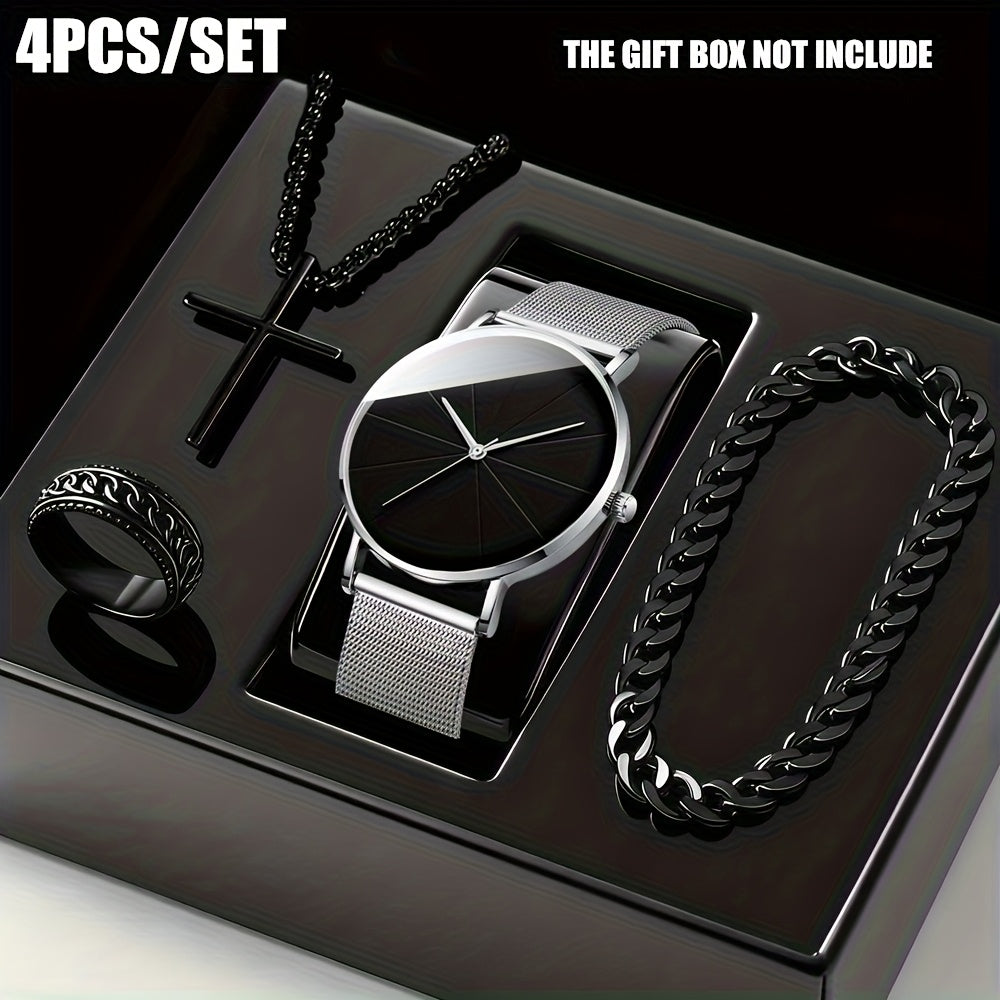 Jewelry Set 4-Piece Minimal Quartz Watch, Cross Necklace, Bracelet and Ring in Five Color Options